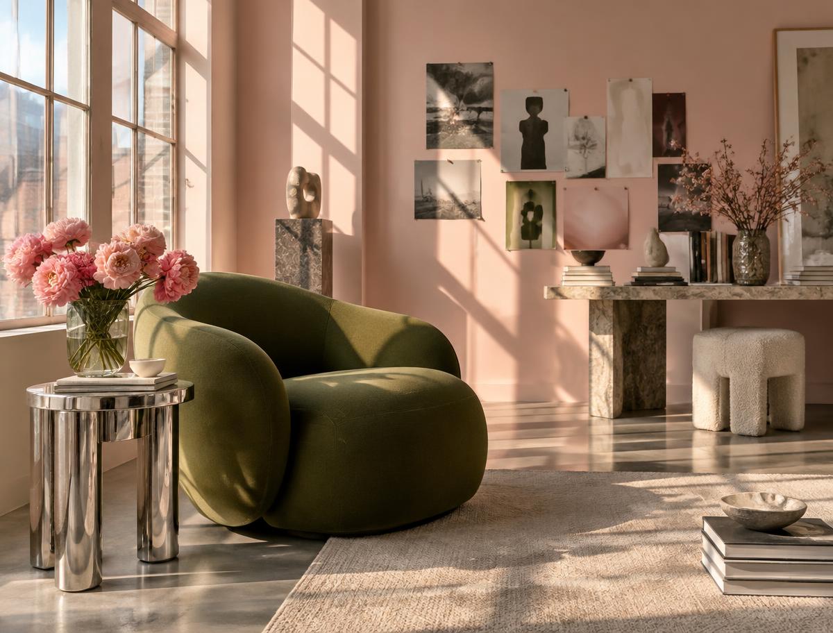 A sunlit creative studio with an olive chair, flowers and an editorial moodboard